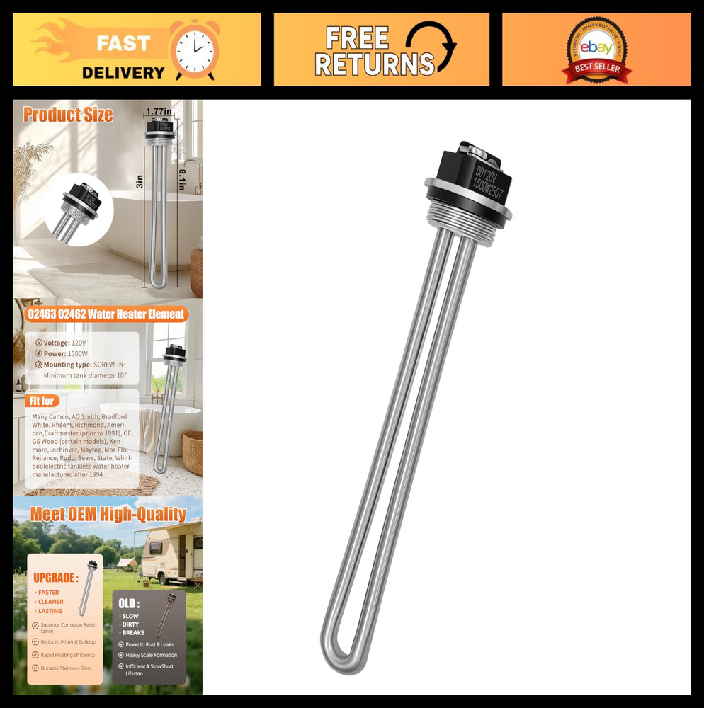 1500W Electric Water Heater Element 1" NPS Screw-In for RV & Suburban SW Series
