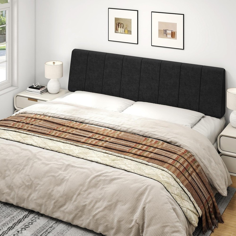 King Size Upholstered Headboard Black Linen Thick Bed