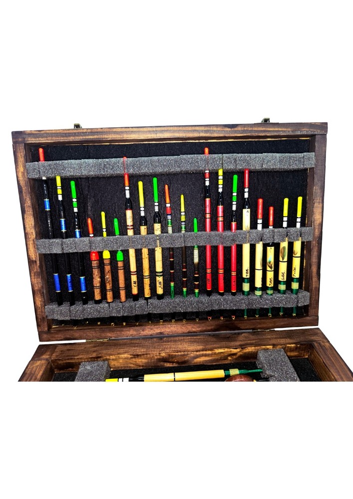 Handmade Float Box + 30 Handmade Floats. Woodburnt Tench Float Box
