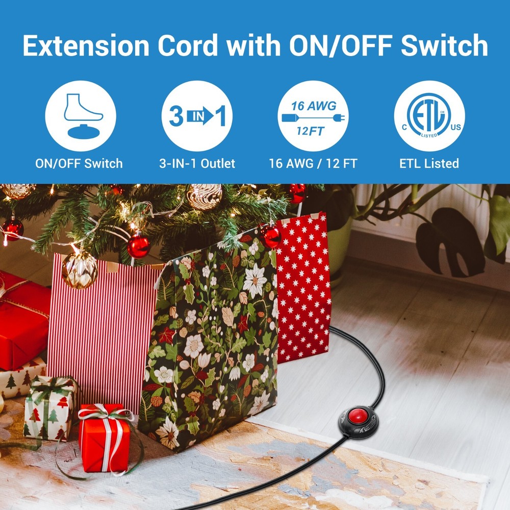 DEWENWILS 12 FT Extension Cord with Multiple Outlets ON/Off Switch Flat Plug