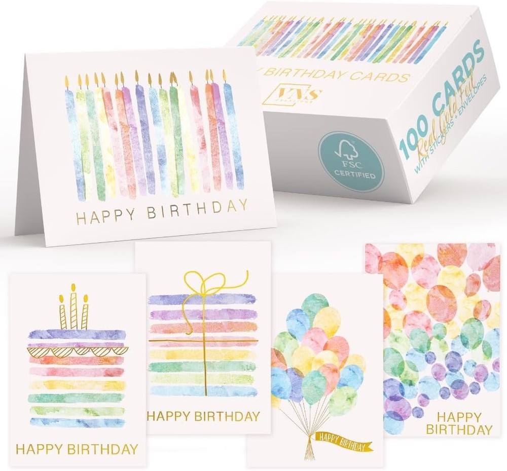 Bulk 100 Pack 4x6 Birthday Cards with Envelopes & Stickers - Assorted Designs