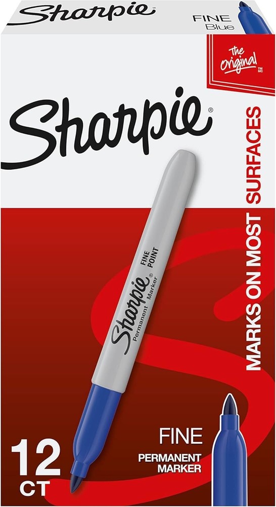 Sharpie Permanent Markers, Fine Point, Blue, 12 Count