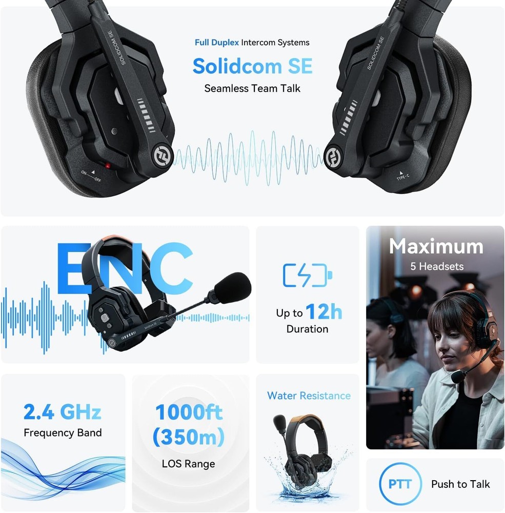 Hollyland Solidcom SE-4S 1100ft Full-Duplex Wireless Intercom Headset System