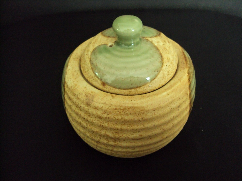 Salt Glazed Green Apple Pottery Lidded Sugar Bowl