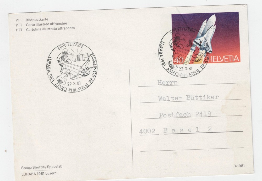 Switzerland Space Explorer Shuttle FDC postcard 1981 B-2