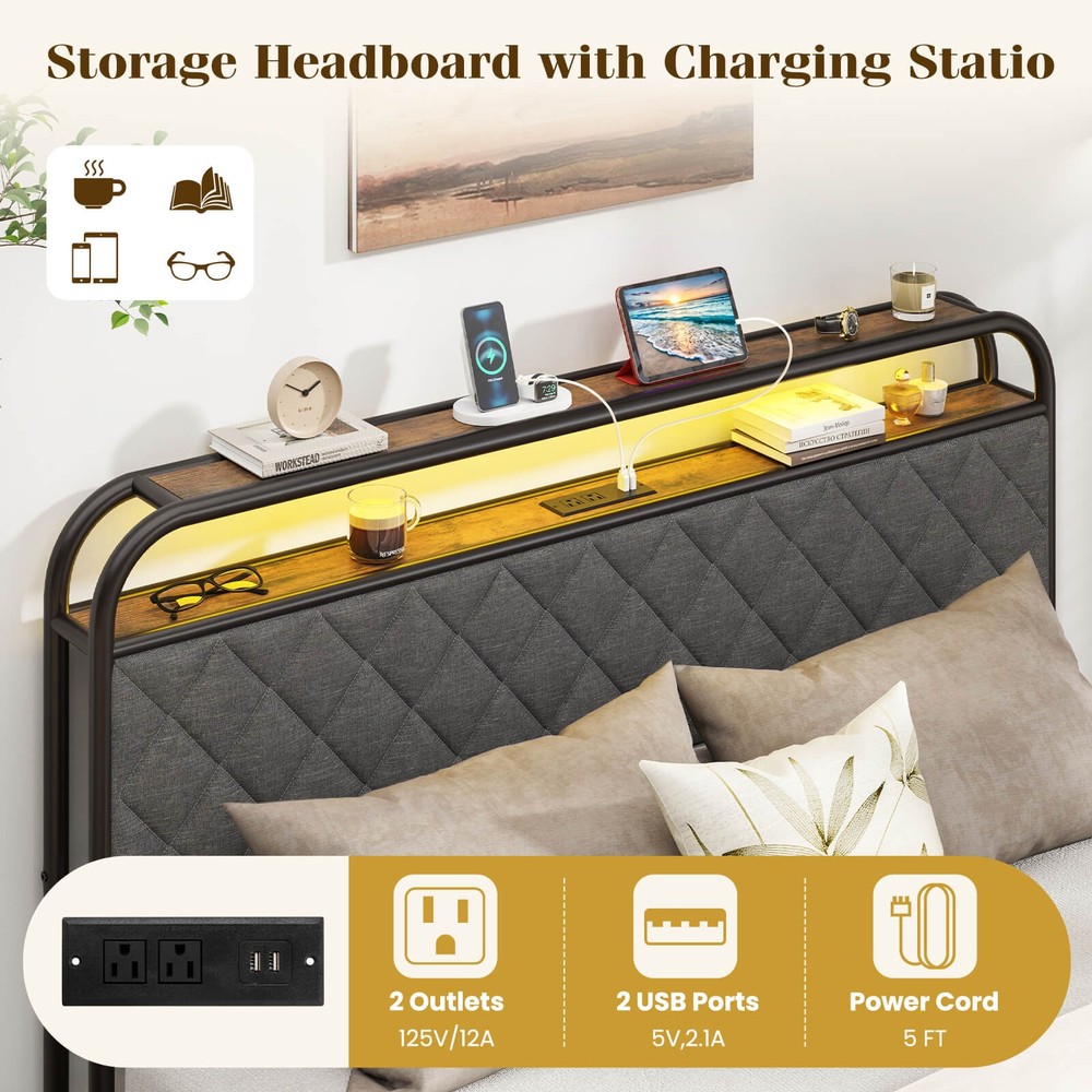 Queen Size Bed Frame with LED Lights & Charging Station Storage Headboard