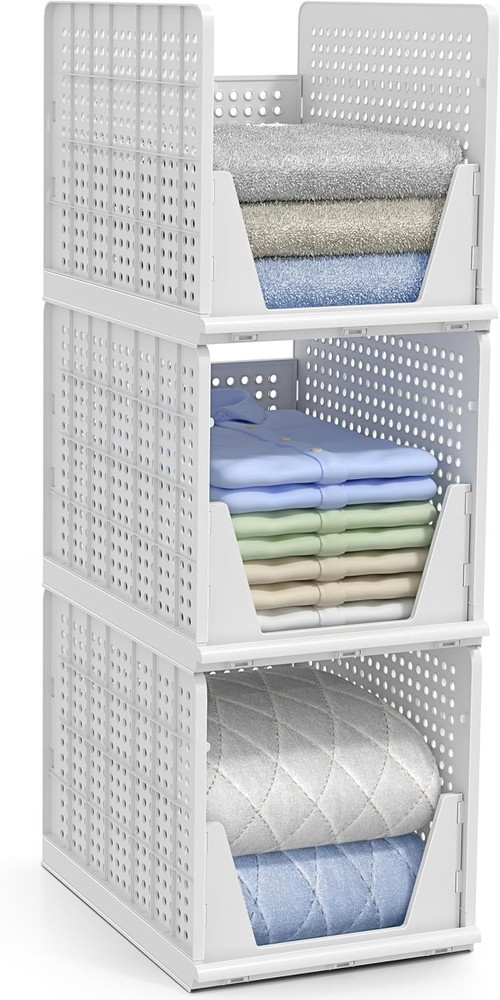 Stackable Shelf Organizer Basket Plastic Closet Clothes Pantry