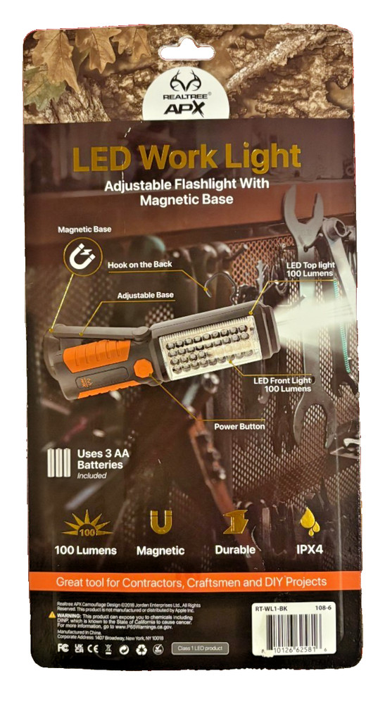 LED Magnetic Work Light 100 Lumens Adjustable Flashlight w/ Hook & Magnet