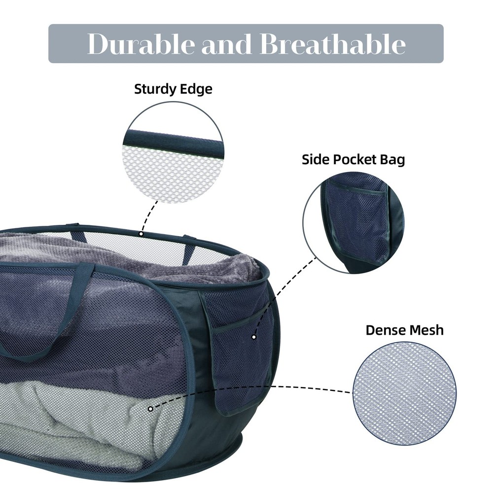 Collapsible Laundry Baskets 2 Pack Navy Blue Mesh Pop Up Hamper with Pocket