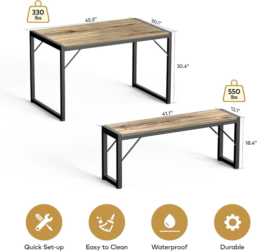 45.5" Dining Table Set for 4 with 2 Benches, Kitchen Table Set with Metal Frame