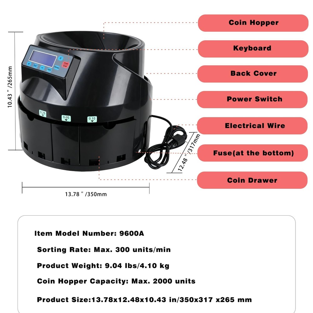 T9600A Professional USD Coin Counter,Sorter, Coin Counting Machine,Automatically