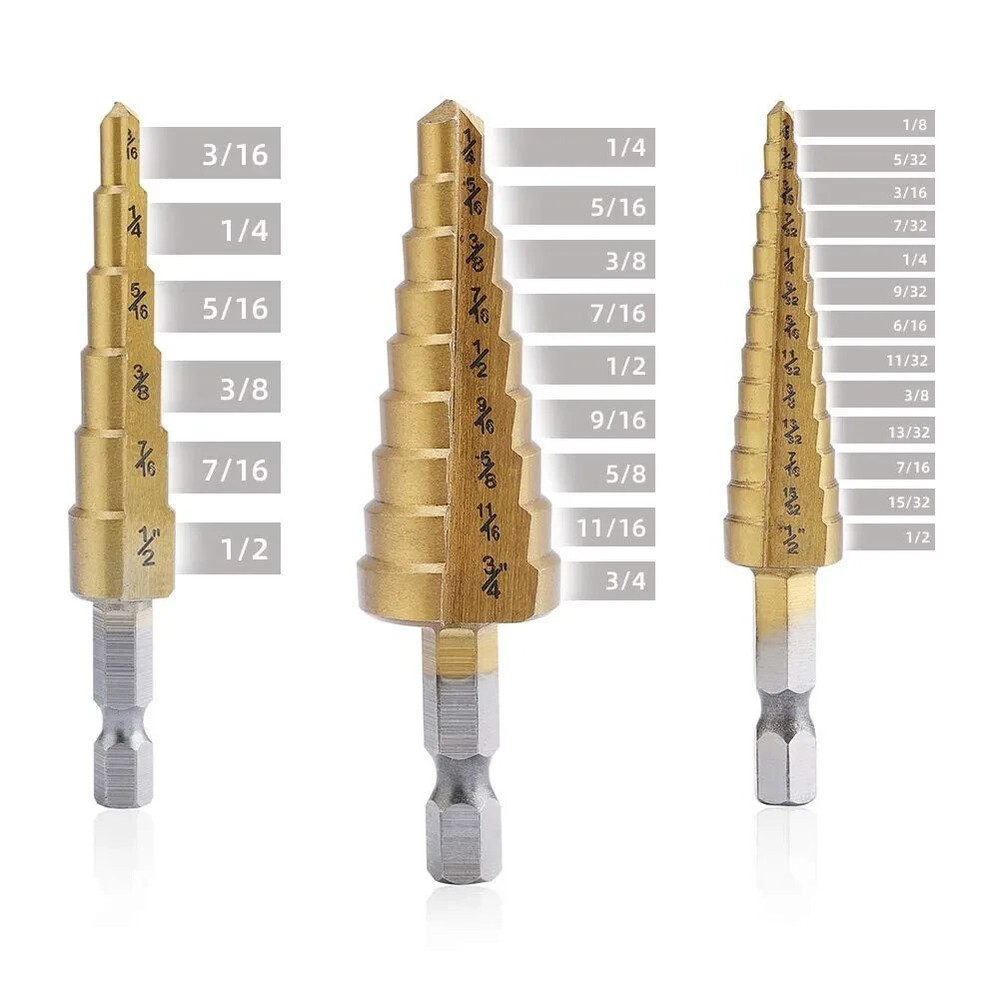 Step Drill Bit Set - Titanium Coated,High Speed Steel Drill Cone Bits,3-Piece