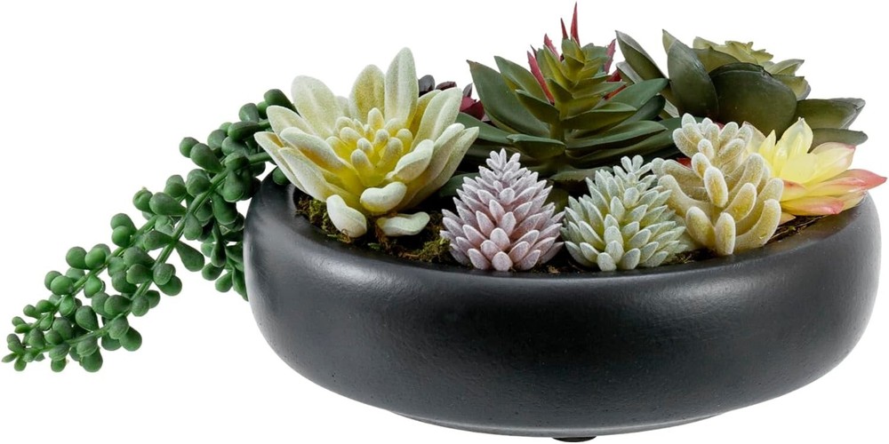 Tabletop Black Round Concrete Planter Bowl, Artificial Succulent Plant Container