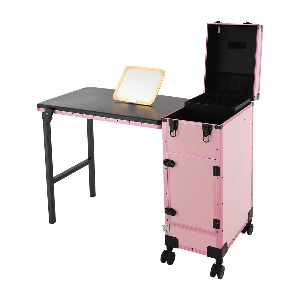 LED Light Rolling Makeup Train Case Nail Art Manicure Make-up Trolley w/Mirror