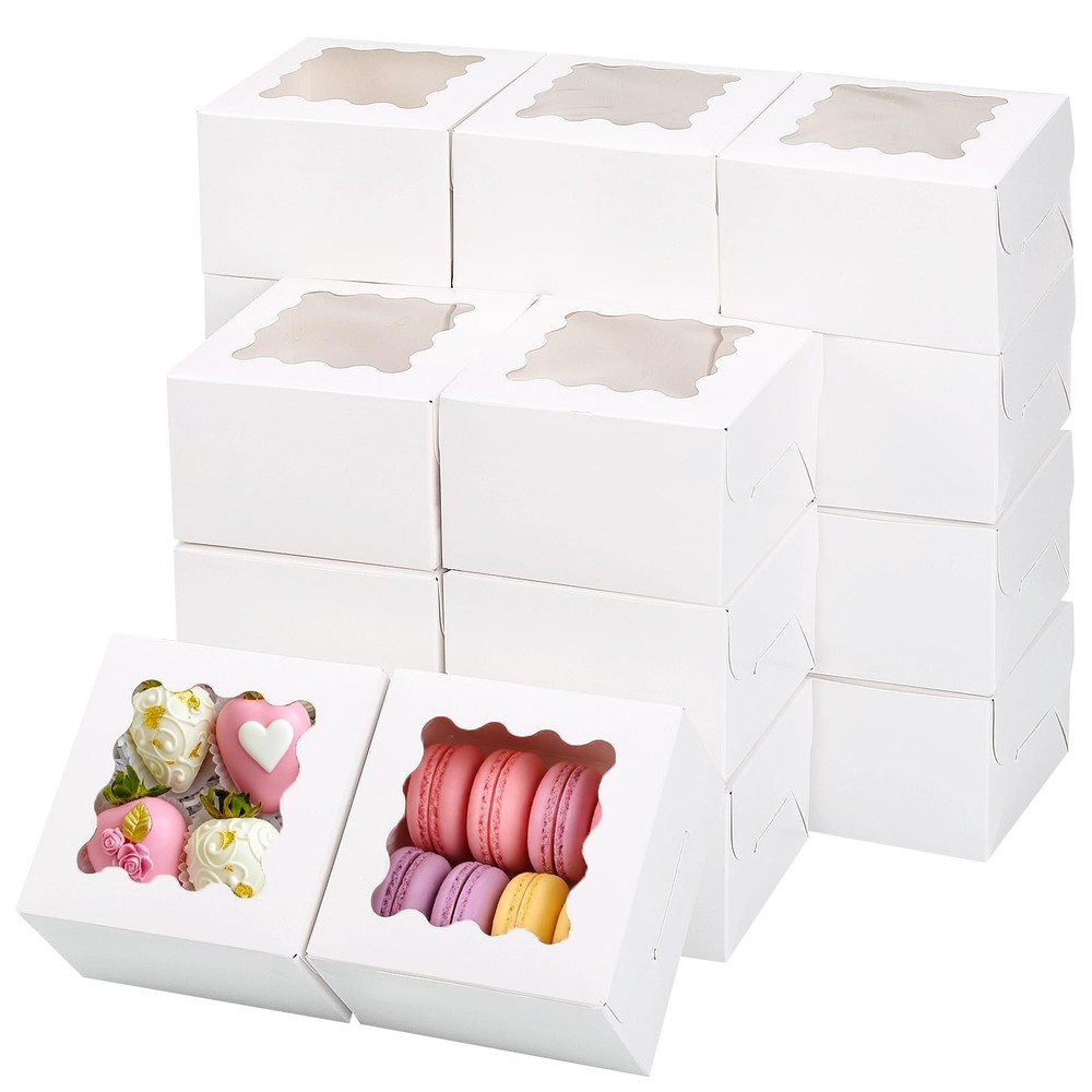 100pcs White Cookie Boxes with Window 4x4x2.5 Inch Small Bakery Bulk for Cake