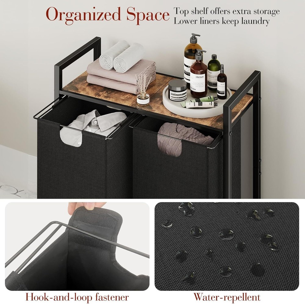 Laundry Basket Organizer, Hamper with Shelf Large, Rustic Brown、Black