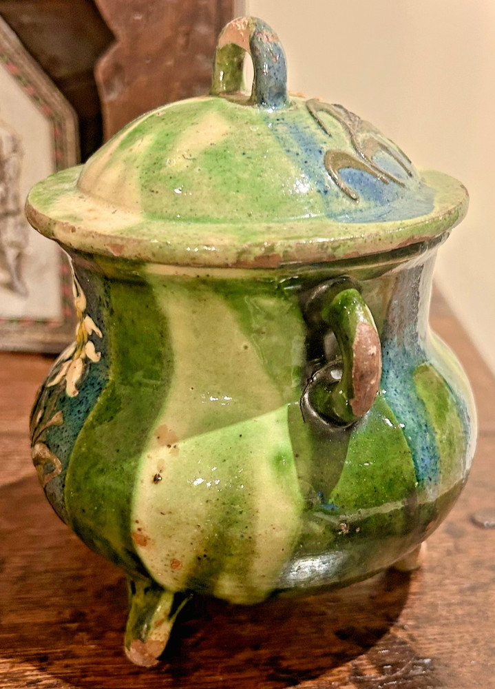 FRENCH ANTIQUE SUGAR JAR POT CERAMIC VESSEL EARTHENWARE POTTERY