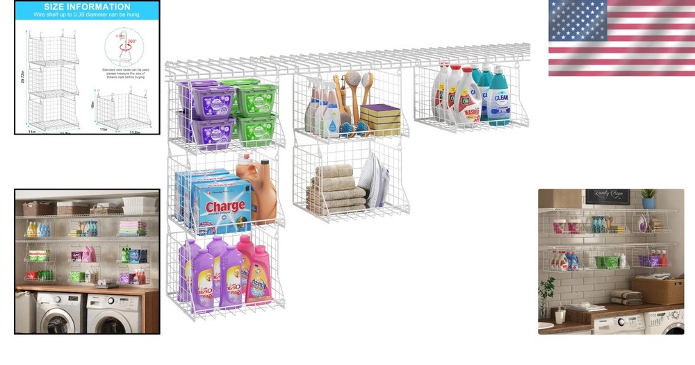 Space-Saving Laundry Organizer with 360° Rotating Hooks - 3-Tier Metal Baskets