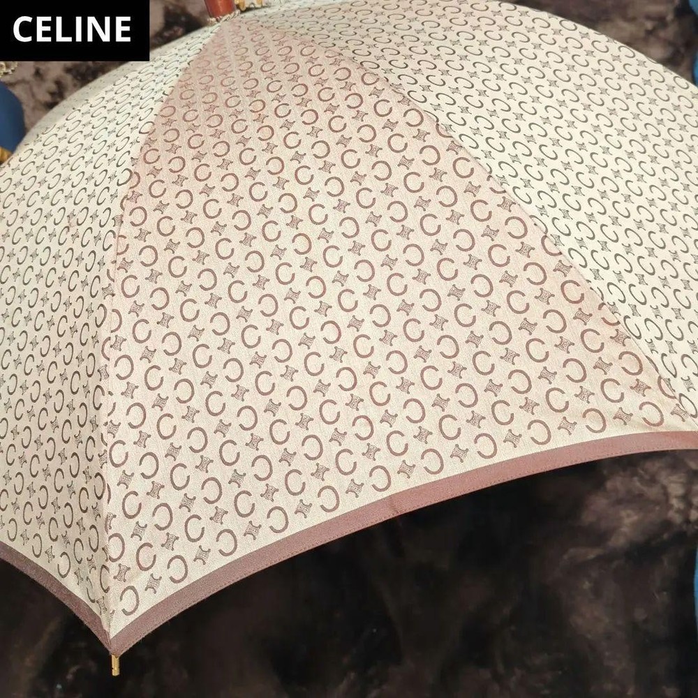 CELINE Macadam Long Umbrella Brown Wooden Handle Shoulder Strap Authentic