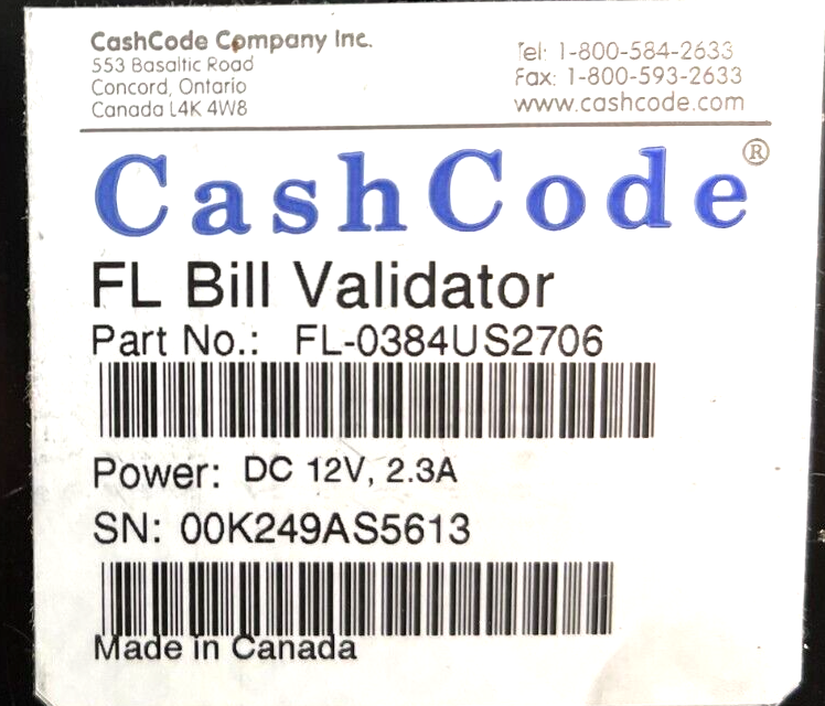 CASH CODE FRONT LOAD BILL VALIDATOR FL-0305US2731 HOUSING