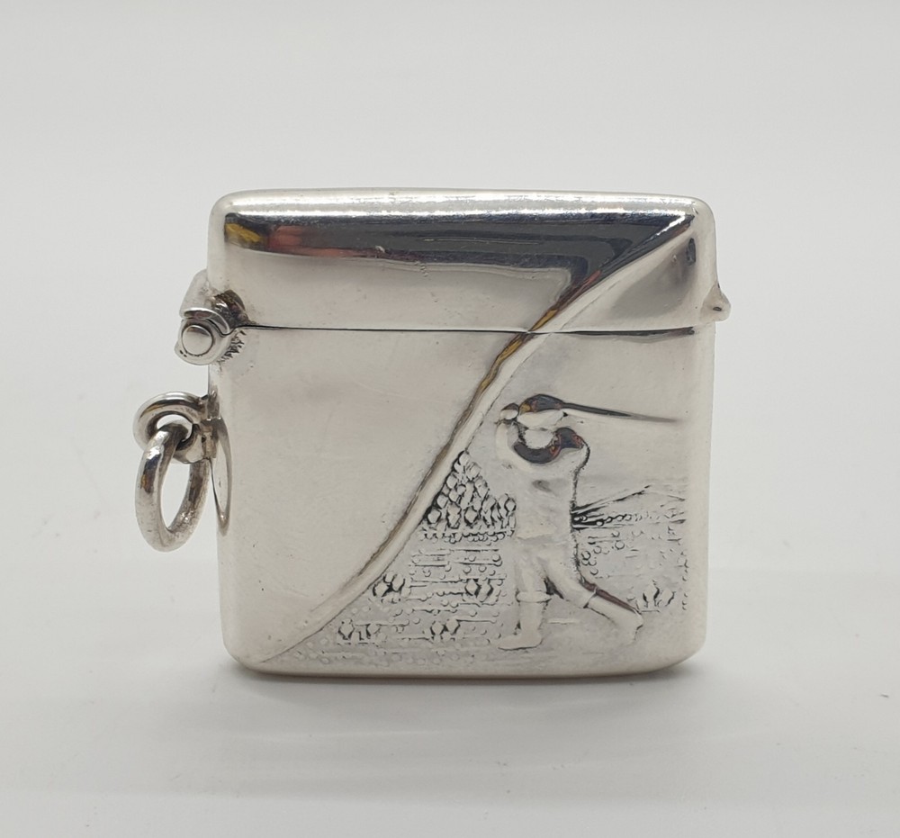 Sterling Silver Vesta Case Match Holder Golf Scene