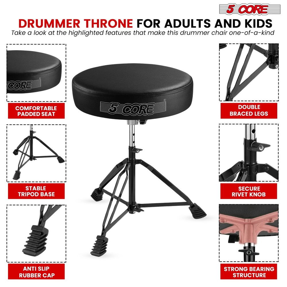 5 Core Drum Throne 3" Padded Comfortable Drum Seat Drumming Stools Adjustable