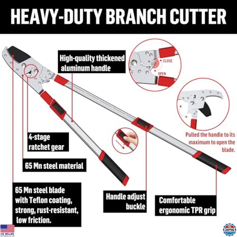 Heavy-Duty Extendable Loppers 28"-41" Telescopic Tree Trimmer, Cuts 2" Branches