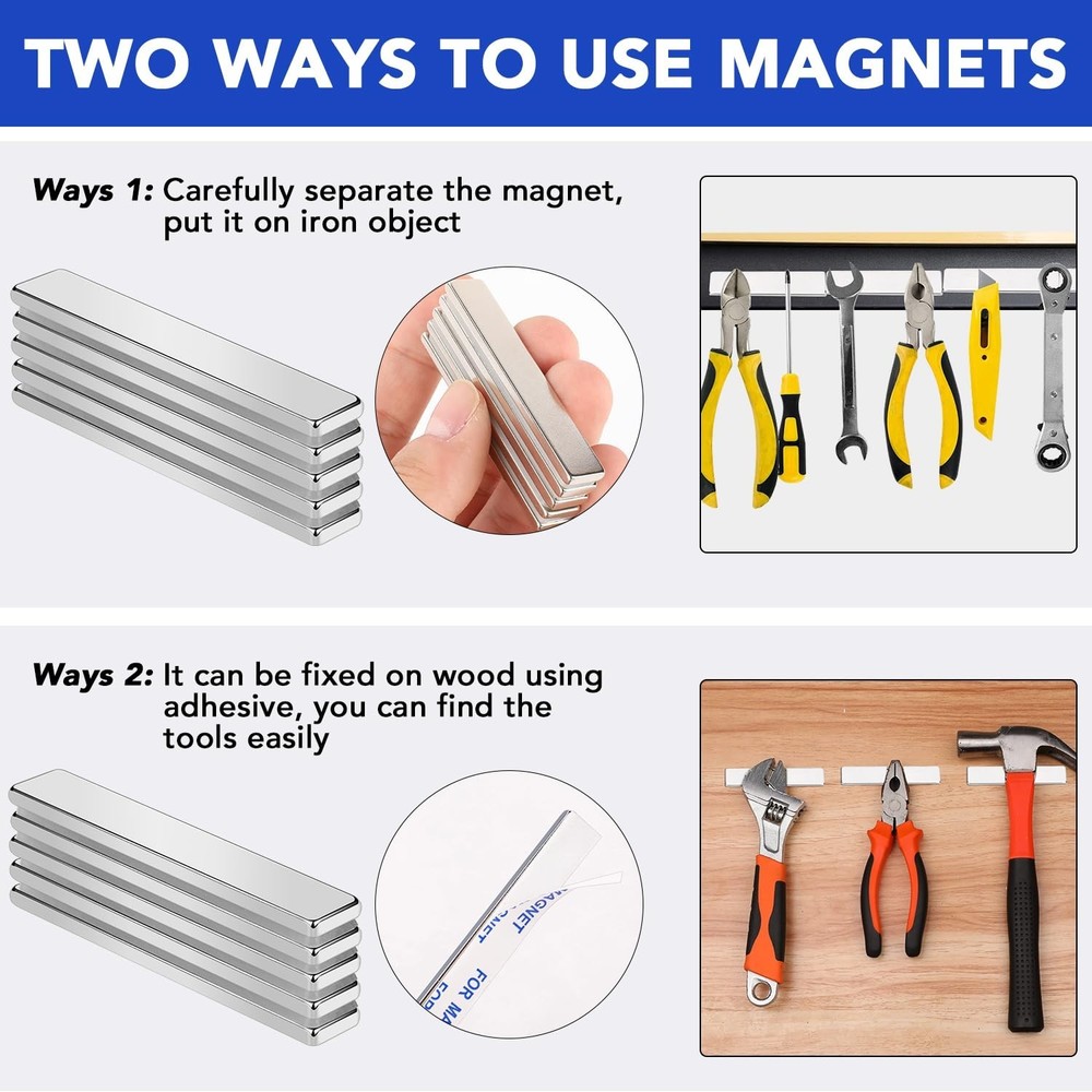 Heavy Duty Neodymium Magnet Strips with Adhesive - Pull Force 18 lbs - 5 Pack