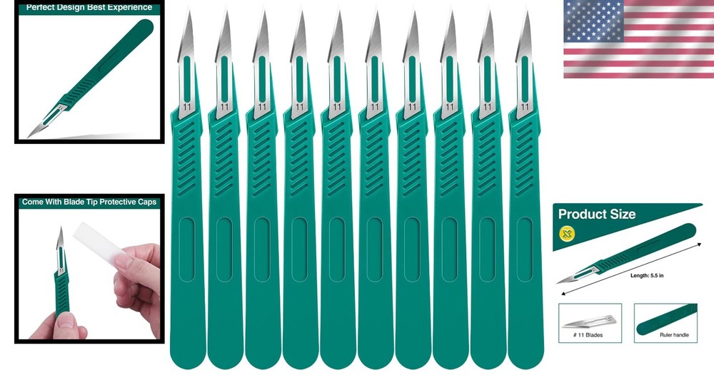 Sharp Disposable Scalpel Blades - 10PC Set with Safety Covers & Ruler Handle