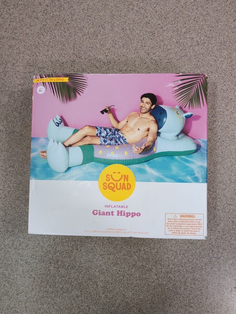 Giant Pool Float Party Hippo Sun Squad Inflatable 71" Long NIB, Floatie