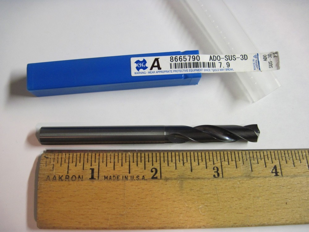 7.9mm Solid Carbide Drill, Thru Coolant, 3xD, For Stainless, ADO-SUS OSG 8665790