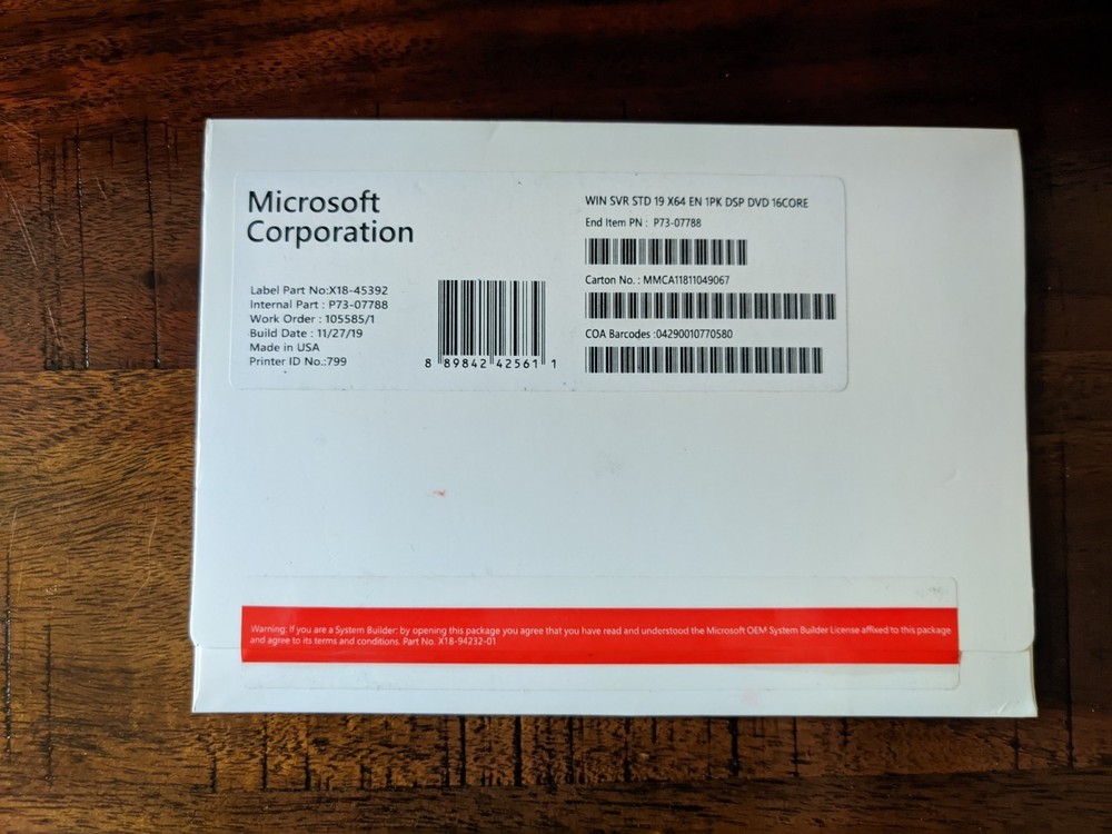 Microsoft Windows Server 2019 Standard DVD Kit Media + Key 16-Core 1PK