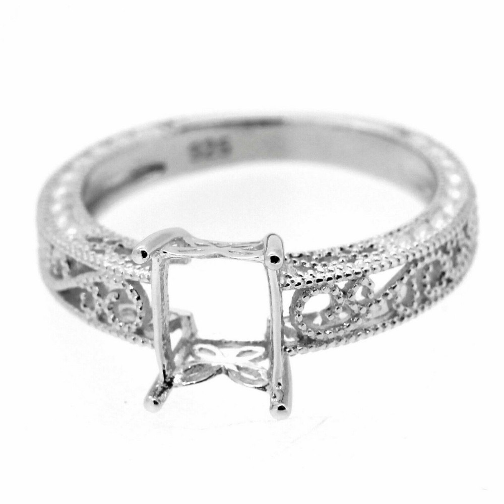 Filigree Sterling Silver Semi Mount Ring Setting Emerald OCT 8x6mm Art Deco