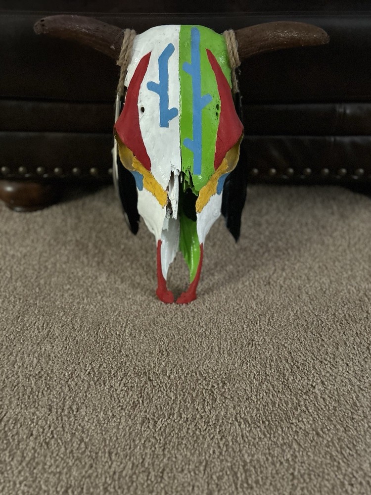 Hand Painted And Decorated With Feathers. Original Horns.