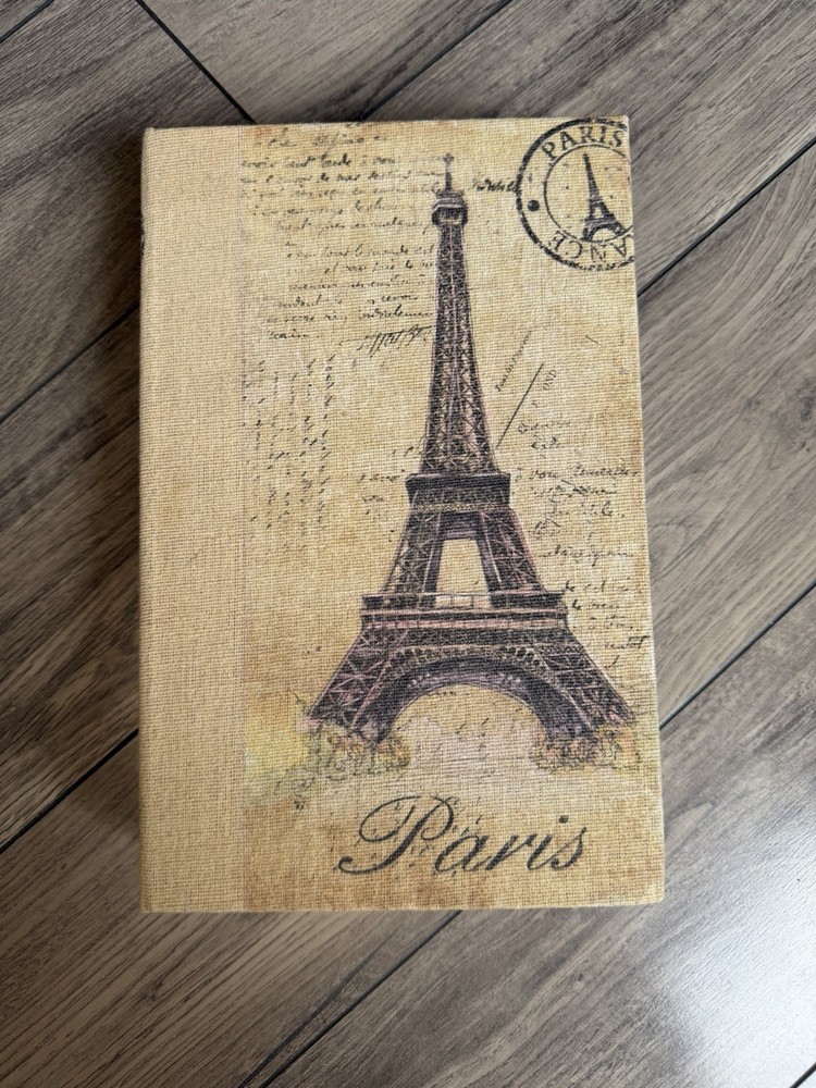 Vintage Eiffel Tower Script Book Box Hidden Storage Beige Brown Medium