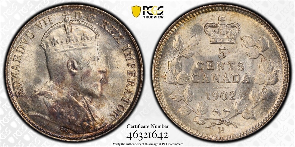 1902-H Canada 5 cents silver Large H PCGS MS64