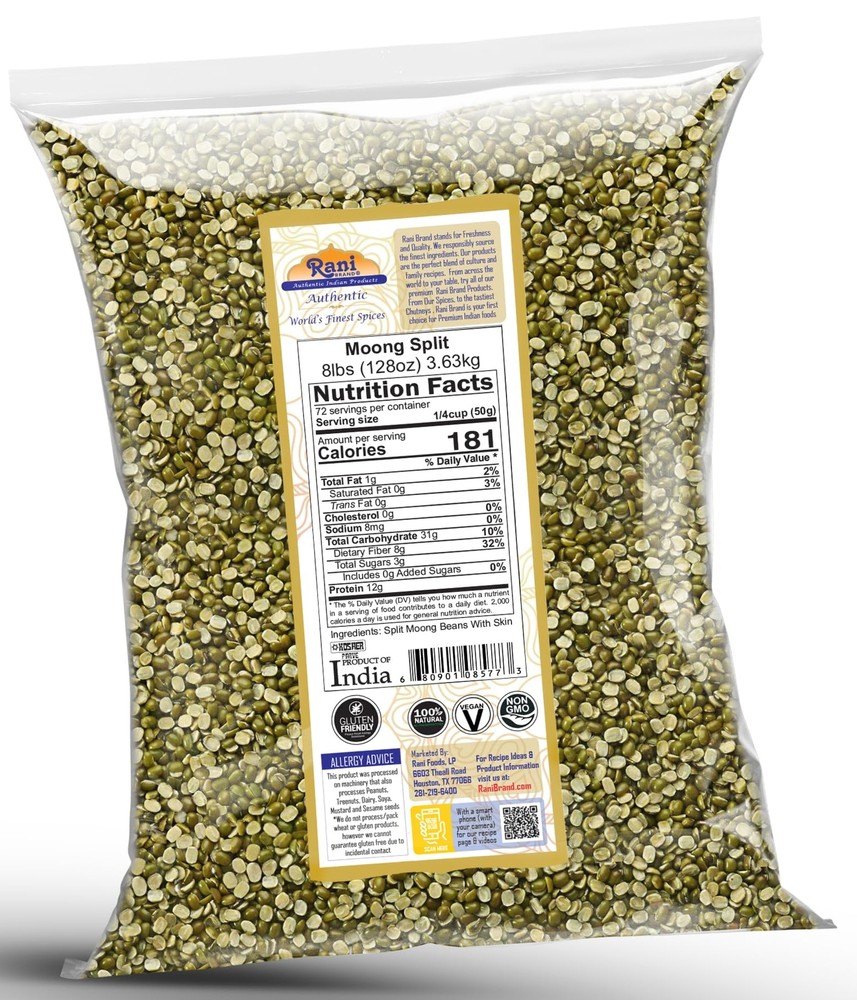 Rani Moong Split 8bs (128oz) Bulk Split Mung Beans WITH skin