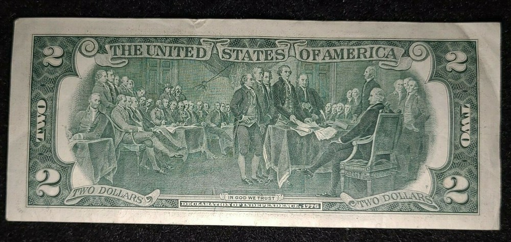 1976 $2 note alignment Shift over-inking error AU [almost uncirculated] folds
