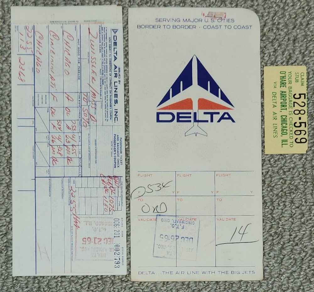 1965 Delta Airlines Boarding Ticket, Ticket Jacket, Baggage Check