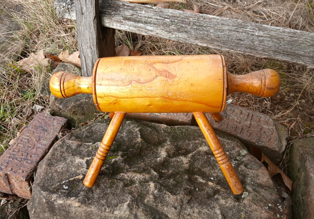 Antique Maple Wood Rolling Pin Foot Stool Hand Crafted Signed 1968