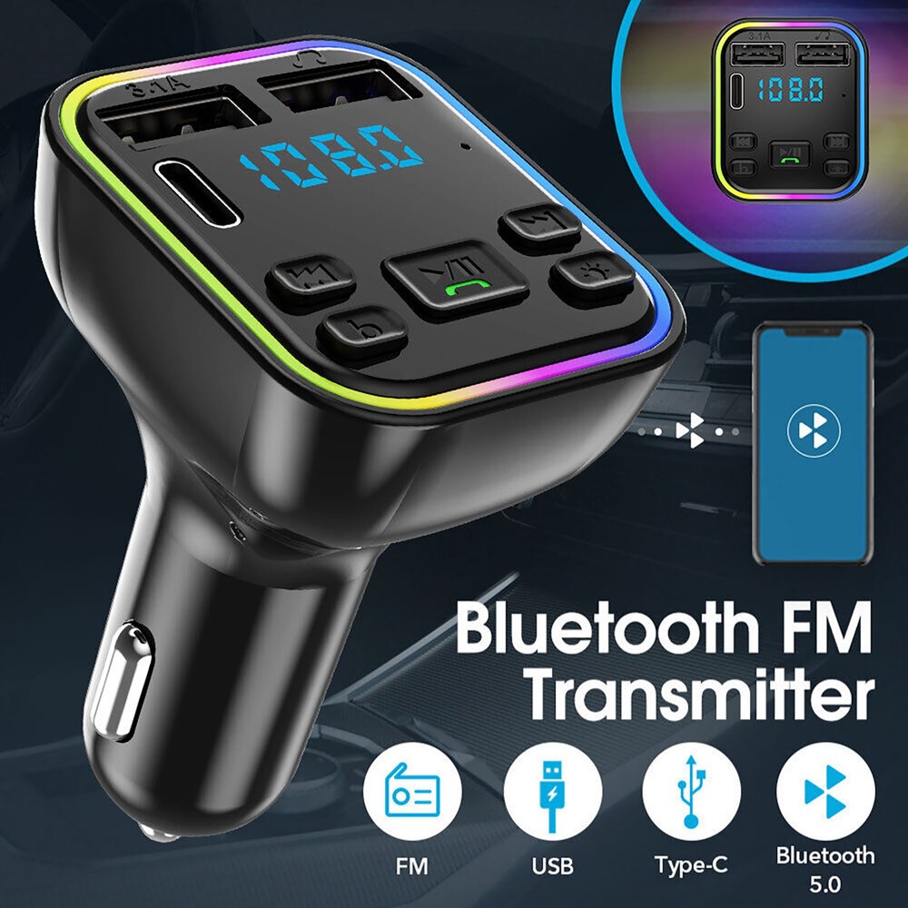 Car Bluetooth USB & Type-C FM Transmitter Adapter Radio MP3 Player RGB Light