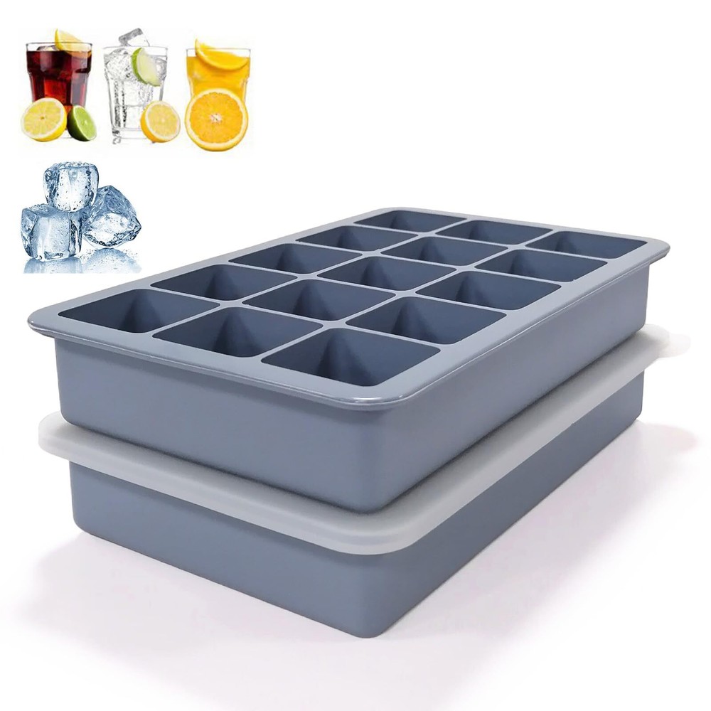 2 Pack 15-Cavity Silicone Ice Cube Trays Square Ice Cube Molds with Lids