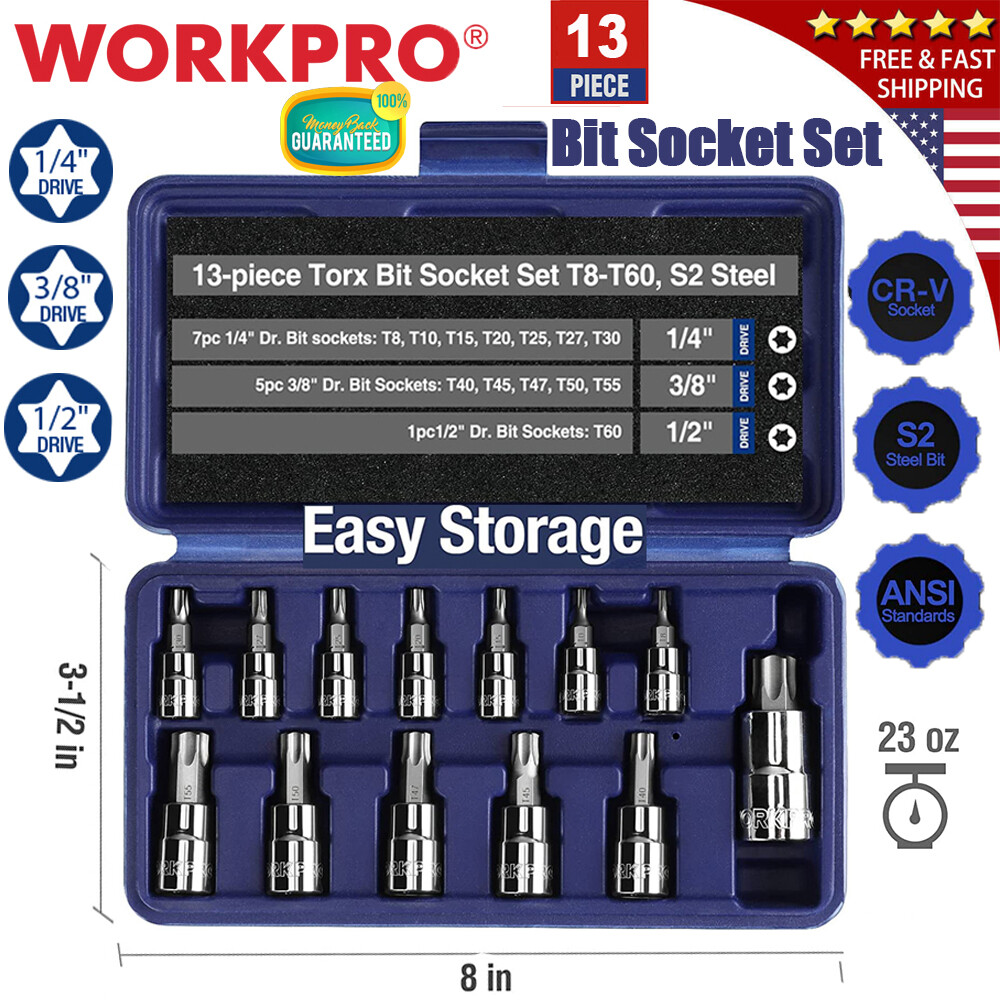 WORKPRO 13PC 1/4" 3/8" 1/2" Drive Torx Bit Socket Set T8-T60 Star Bit Socket Set