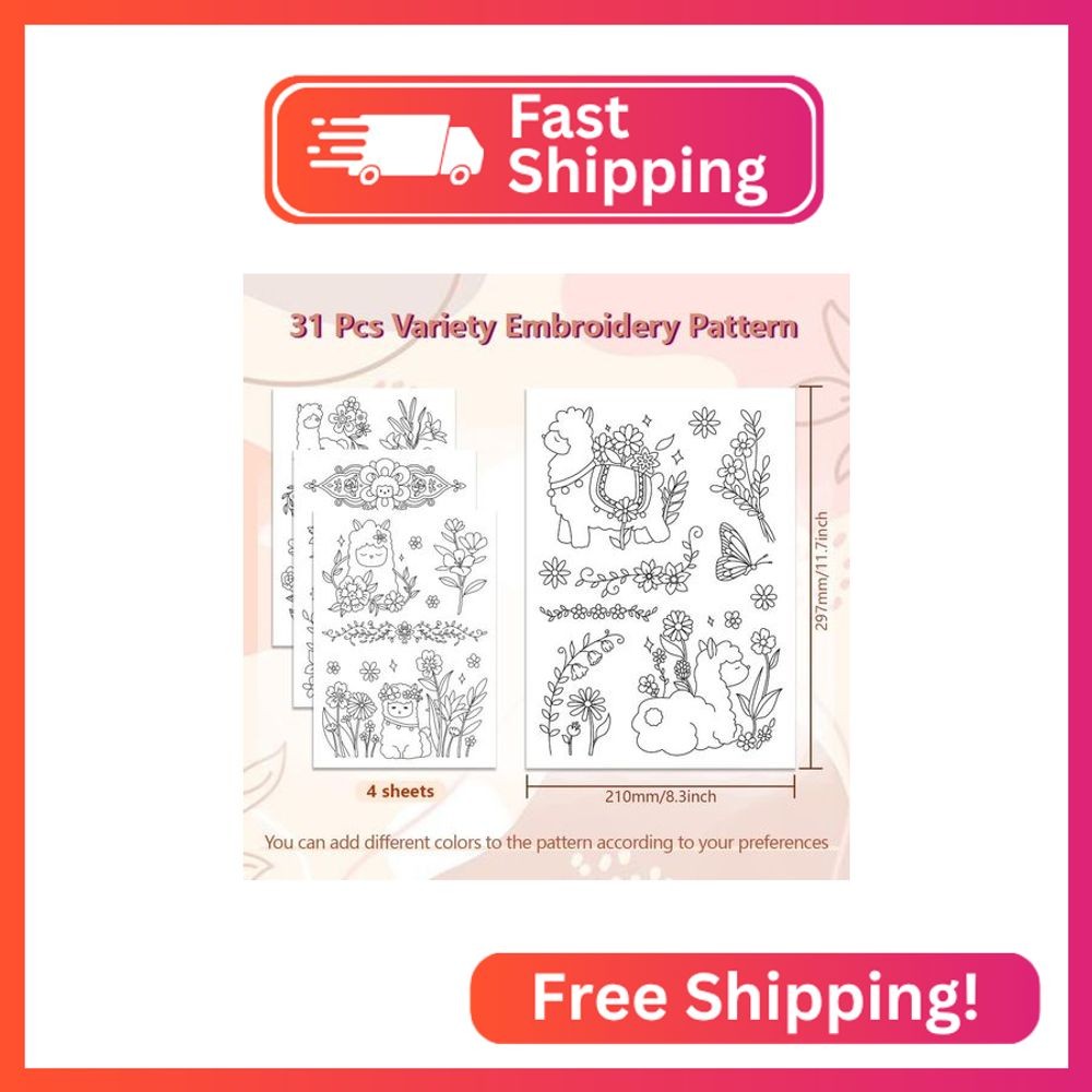 Peacoblue Water Soluble Embroidery Patterns for Beginners 4 Sheets with 31pcs Al