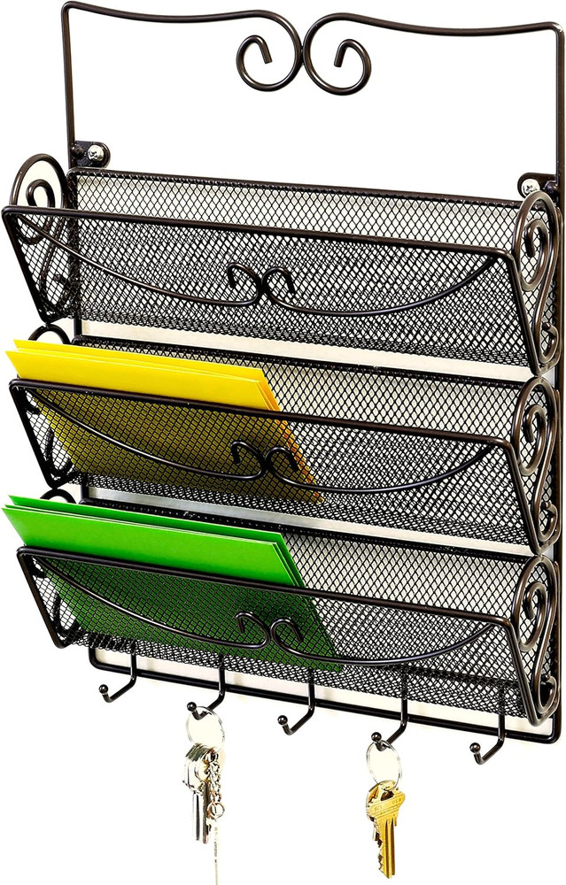 Wall Mail Organizer with 5 Key Holder, 3 Tier, Bronze