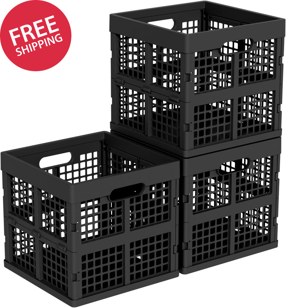 18 L Square Milk Crate, Plastic Stackable Storage Milk Crates, 3 Pack, Black