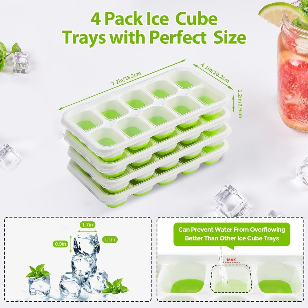 Ice Cube Tray with Lids - 4 Pack Stackable Silicone Ice Trays for Freezer, BP...