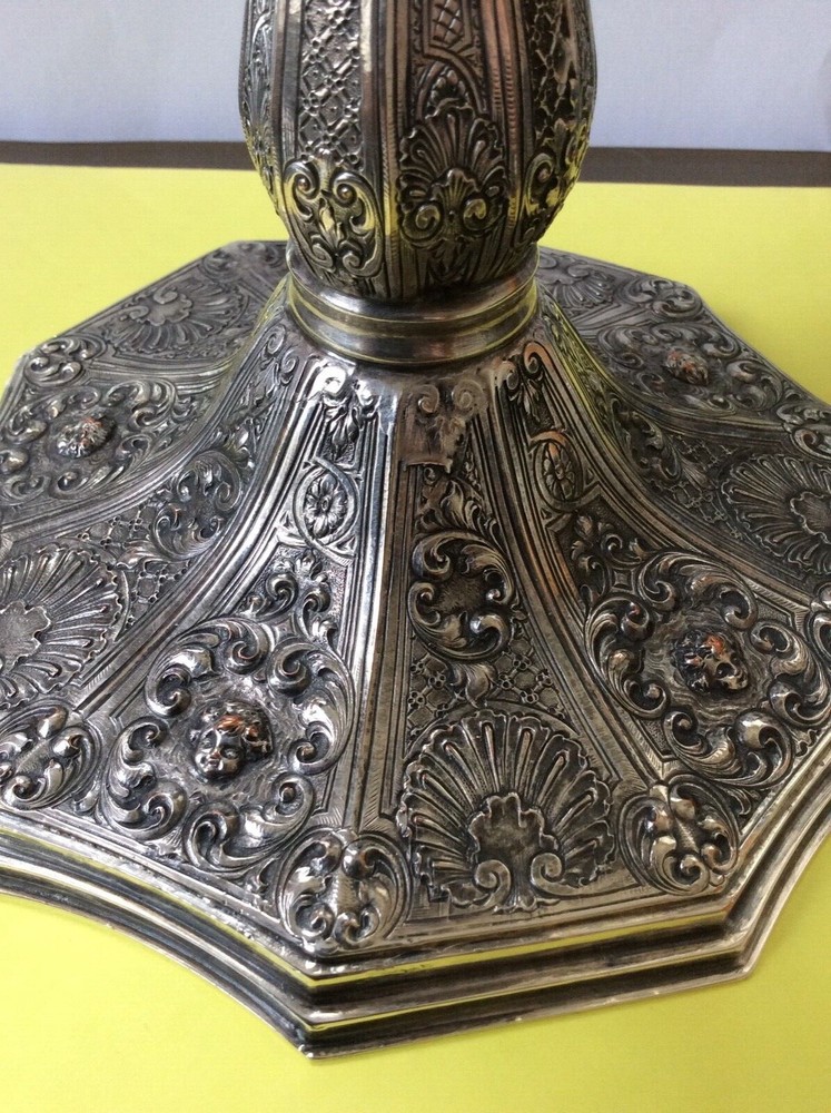 Pair ANTIQUE SILVER PLATE OVER COPPER CANDLESTICKS - Ornate w/ Cherub Faces