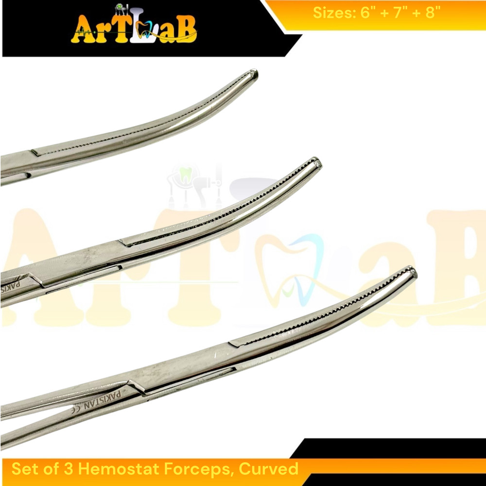 3 Pack| Multi-Purpose Hemostat Forceps with Serrated Curved Tips, 6" + 7" + 8"