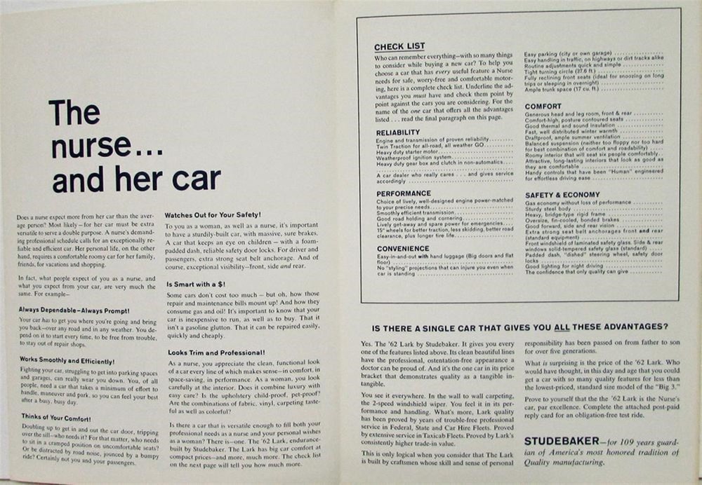 1962 Studebaker Lark Sales Folder Bus Reply Card For Test Drive Targeting Nurses